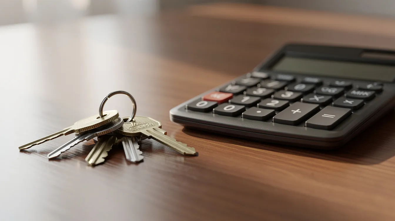 The image shows a calculator next to a set of house keys on a wooden desk, symbolizing the financial calculations involved in real estate investments, such as evaluating a property's cash flow and understanding dscr loans. This setup reflects the importance of personal income verification and loan documentation for real estate investors.