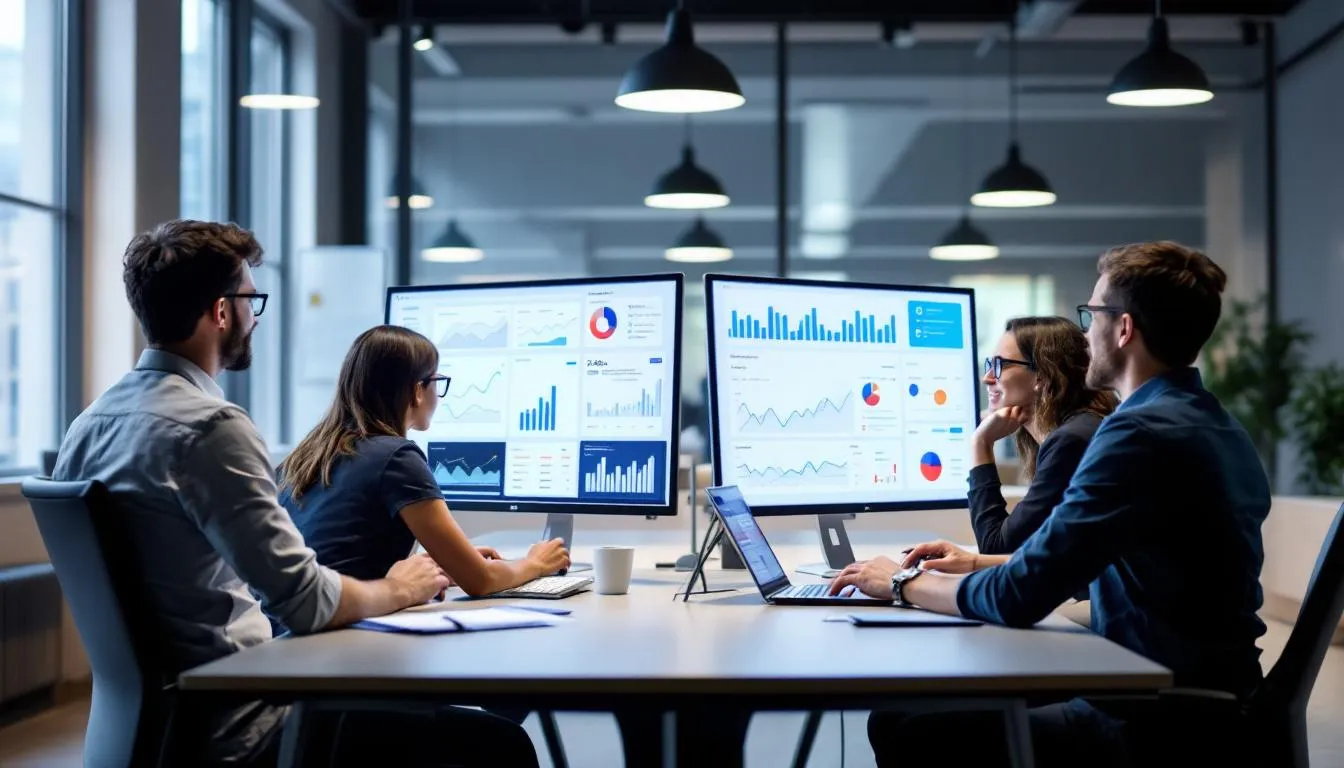 A digital marketing team is actively analyzing performance data displayed on multiple computer screens, showcasing various charts and analytics. This collaborative environment highlights their focus on creating tailored marketing strategies to drive results for clients and enhance their digital presence.