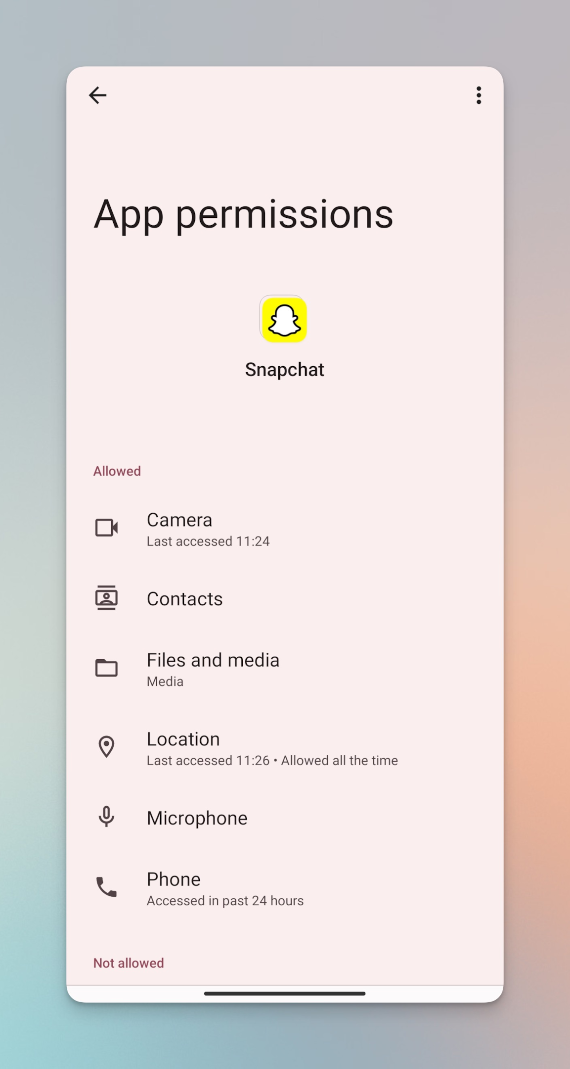Remote.tools showing app permissions page for Snapchat app for Android