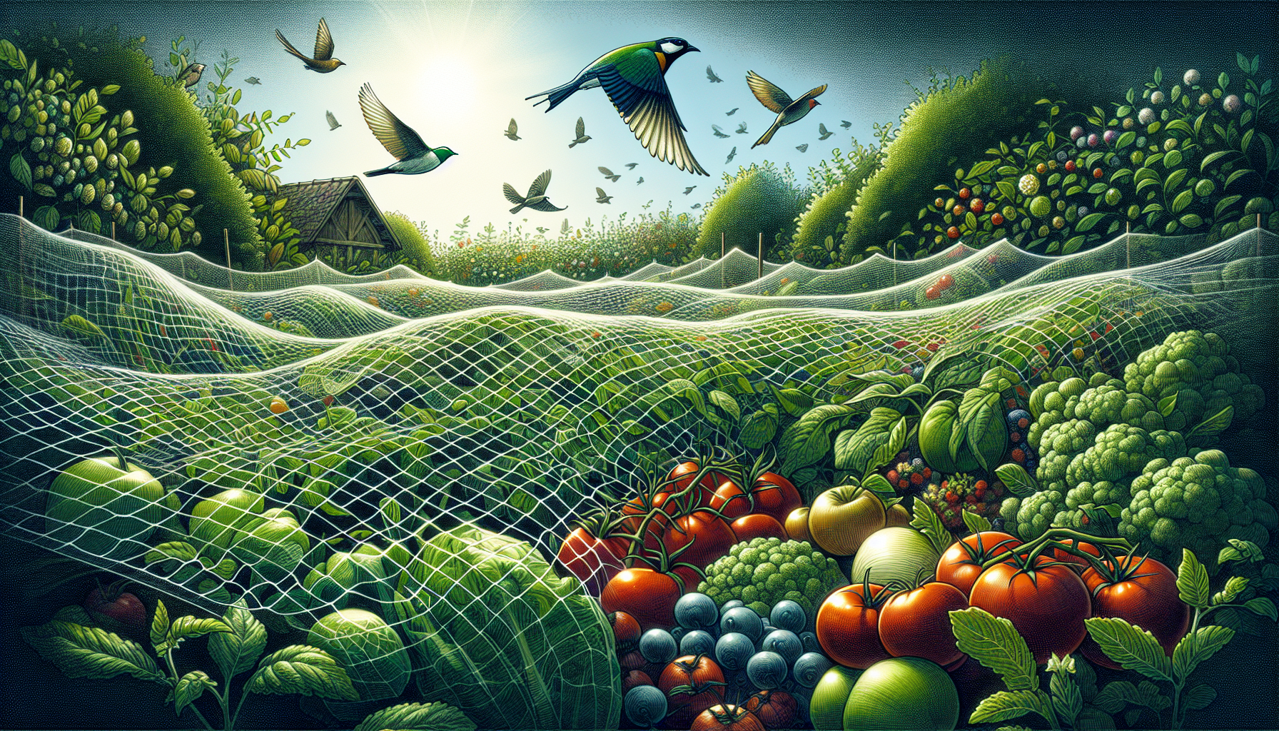 Illustration of garden netting protecting fruits and vegetables