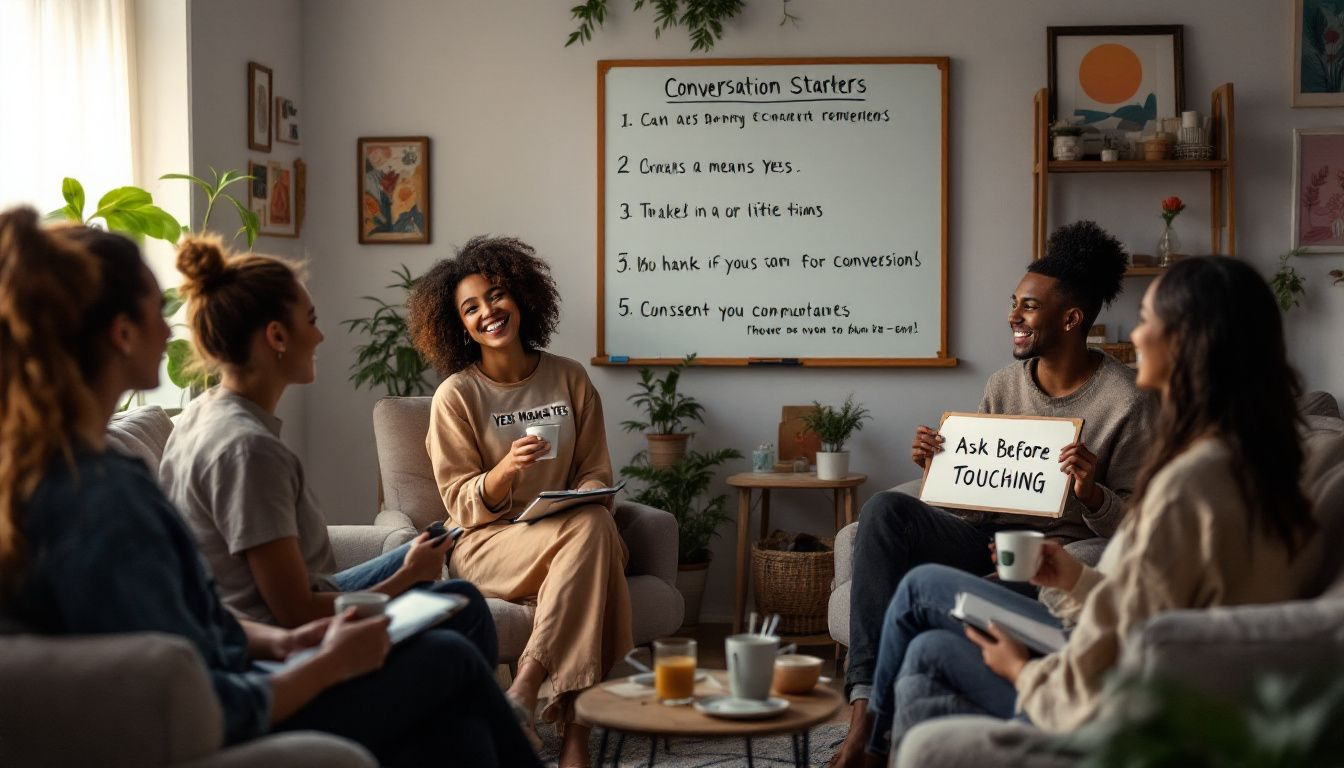 Creating Safe and Enjoyable Intimate Play Parties: A Comprehensive Guide 6 - Consent Culture Guests engaged in meaningful conversations, encouraging consent and communication.