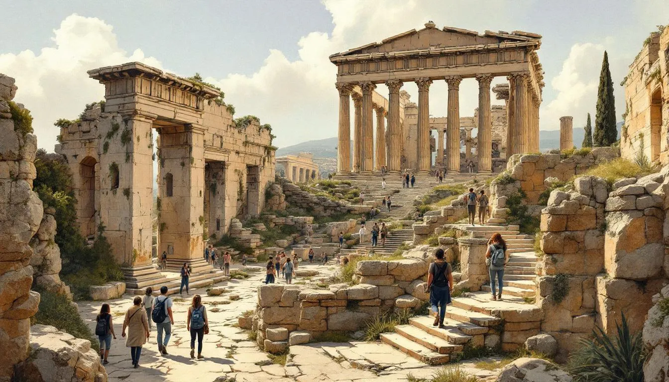 Widok na ruiny świątyni Ateny na akropolu w Rodos, z turystami zwiedzającymi.