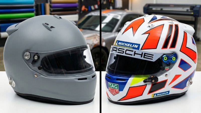 Before and after comparison of a helmet once wrapping is done