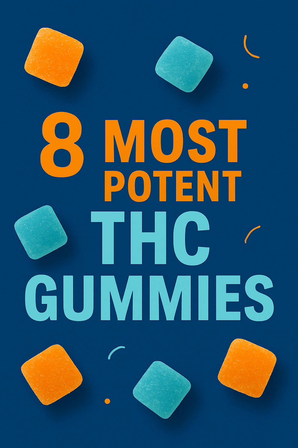 Bold graphic with the title “8 Most Potent THC Gummies” in orange and light blue text on a dark blue background, surrounded by sugar-coated orange and teal gummy cubes.