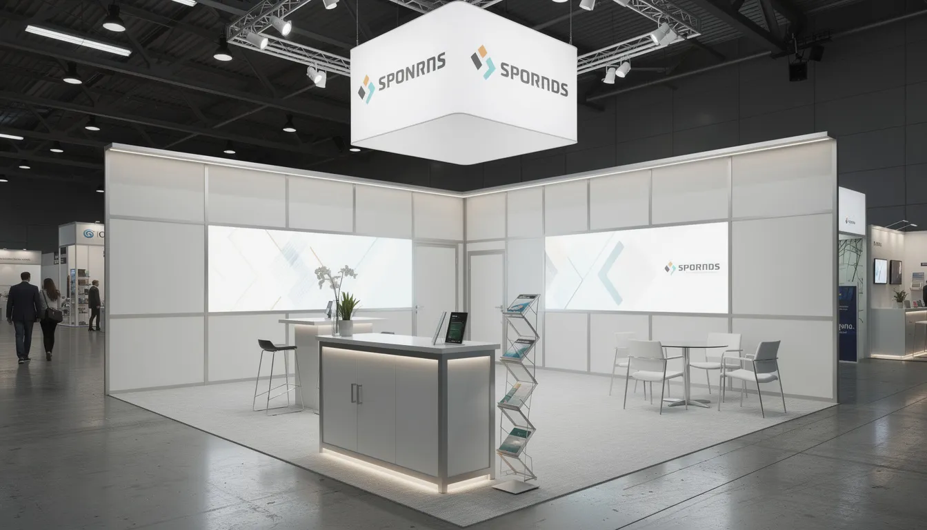 The image showcases a modular exhibition stand designed to create a visually appealing and functional space for trade shows. Built by experienced exhibition stand contractors, this custom display emphasizes the brand's identity and is equipped with interactive elements to engage potential clients effectively.