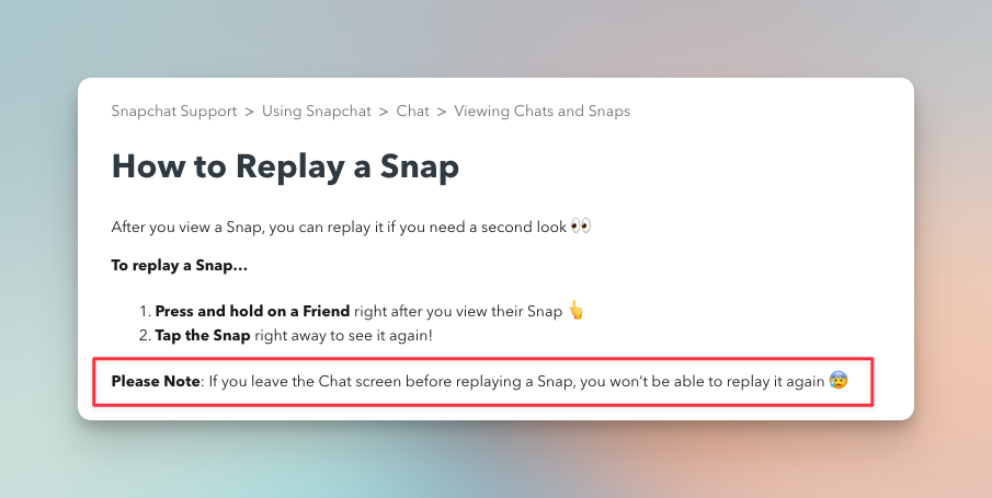 Remote.tools shows steps from Snapchat's official help doc to replay a snap second time