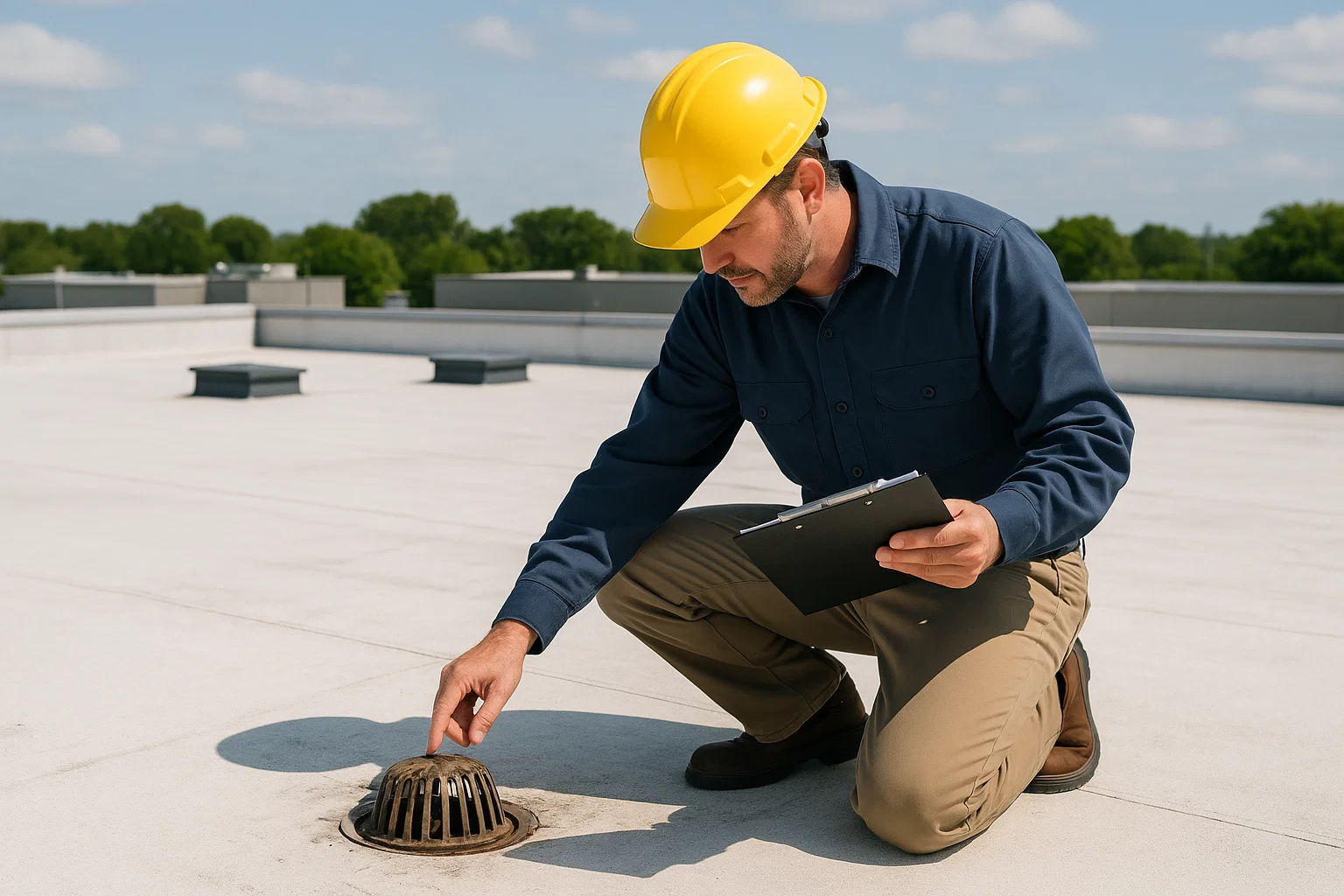 Roofer inspecting a flat commercial roof for early signs of damage.