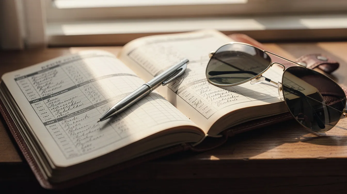 An open leather-bound pilot logbook rests on a desk, accompanied by a pen and a pair of aviator sunglasses, symbolizing the journey of aspiring pilots as they document their flight hours and work towards obtaining their commercial pilot license or airline transport pilot certificate.