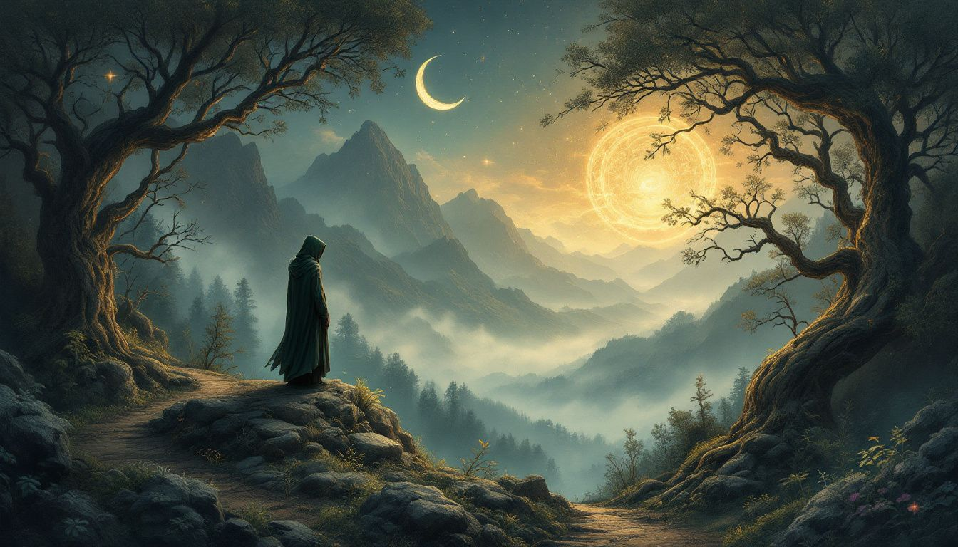 A serene landscape representing a spiritual journey, with hints of the Hermit tarot card.