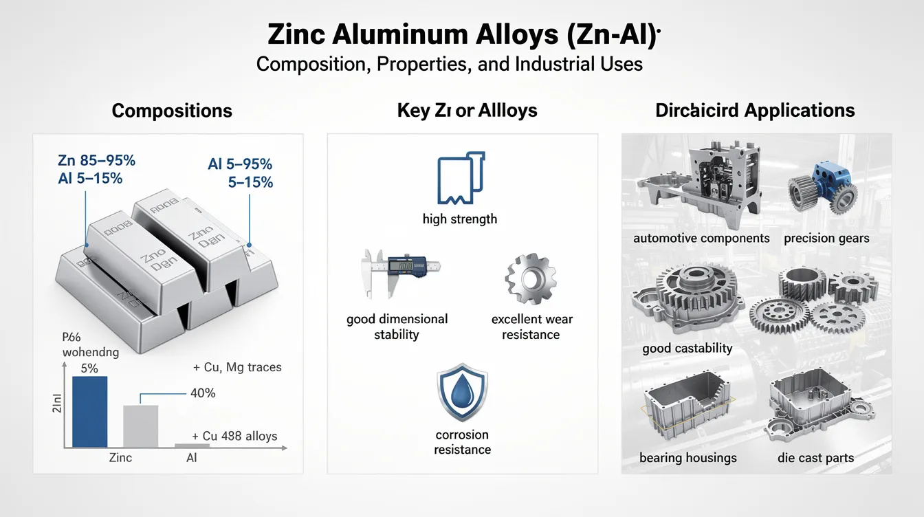 The image showcases a detailed overview of zinc aluminum alloys (Zn-Al), highlighting their composition, mechanical properties, and industrial uses. It features diagrams illustrating the grain structure and corrosion resistance of these alloys, emphasizing their applications in permanent mold processes and their enhanced hardness and tensile strength compared to other metals.