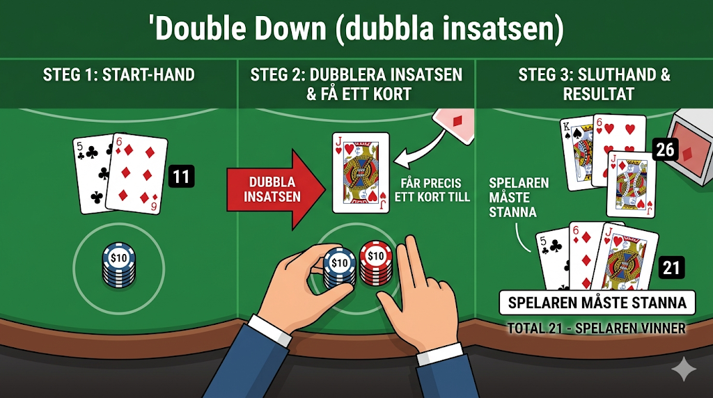 Blackjack strategi där spelaren dubblar insatsen och får ett kort för att förbättra sin hand i online casino