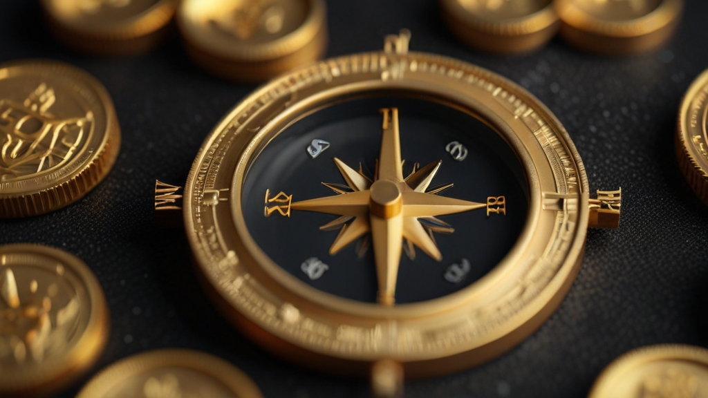Compass rests on a background of glowing golden coins symbolizing the decentralized structure of Web3 and the potential for new forms of value creation, represented by the scattered, glowing coins.