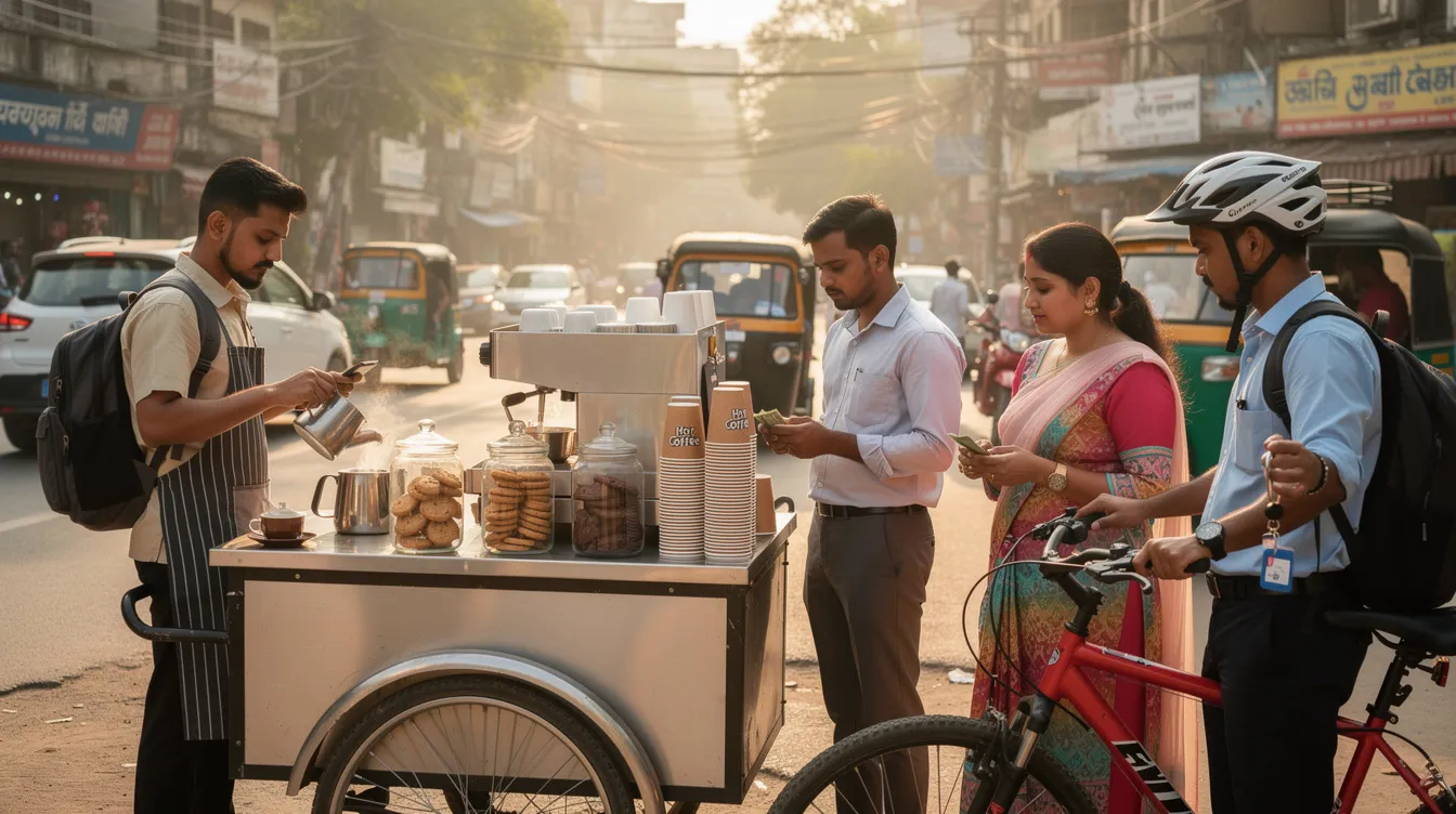 235a1c05 944d 4e9c 8982 9739db45cd97 A mobile coffee cart is parked on a bustling Indian street, where a diverse group of customers eagerly waits in line, showcasing the vibrant coffee shop experience. The scene highlights the appeal of specialty coffee and local community engagement in a competitive market.