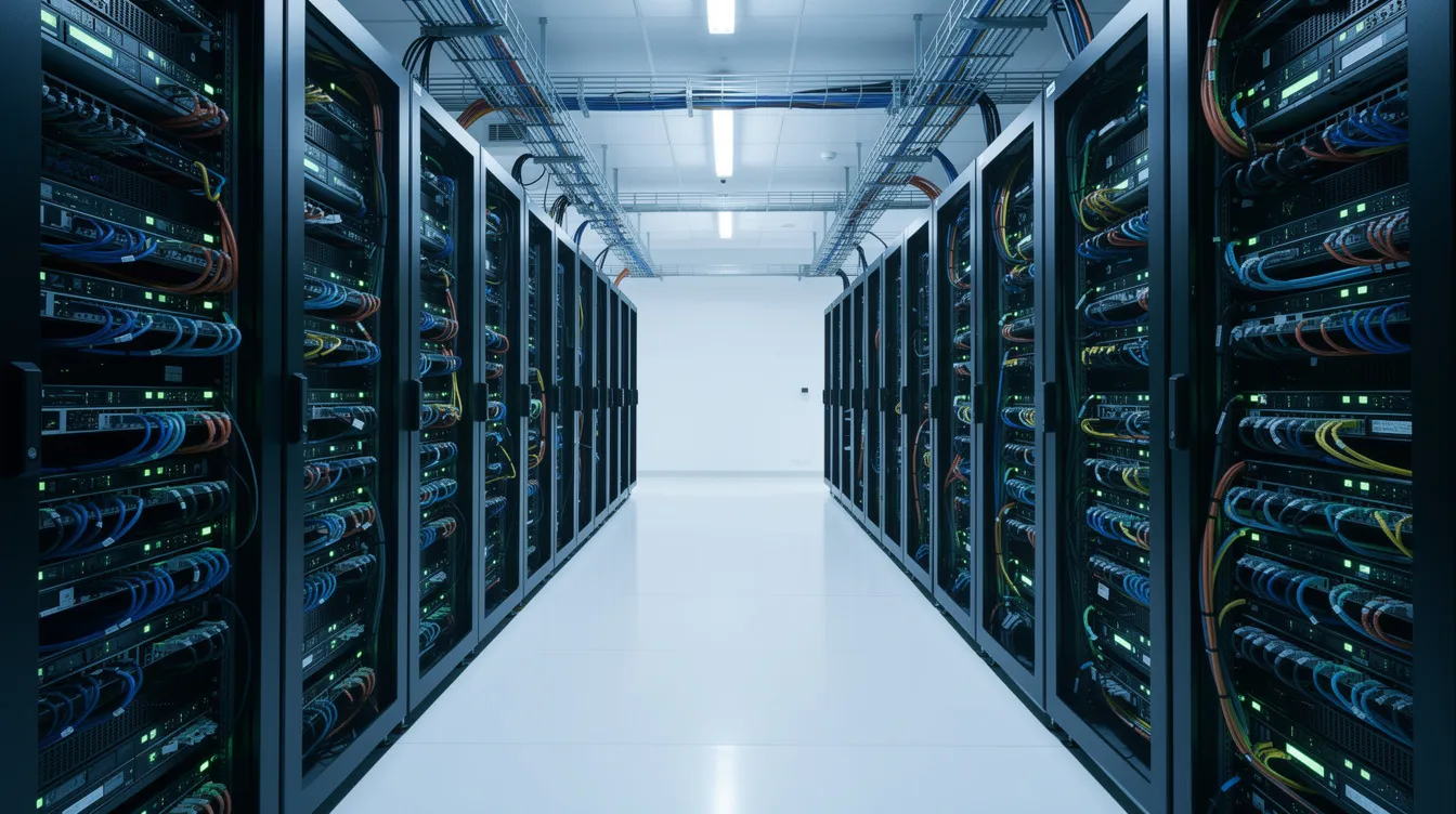 The image shows a secure server room filled with modern rack-mounted hardware, illuminated by blinking status lights, indicating the active management of sensitive data. This environment is ideal for hosting a relational database solution, providing a robust alternative to Microsoft Access for multiple users and ensuring reliable data management.