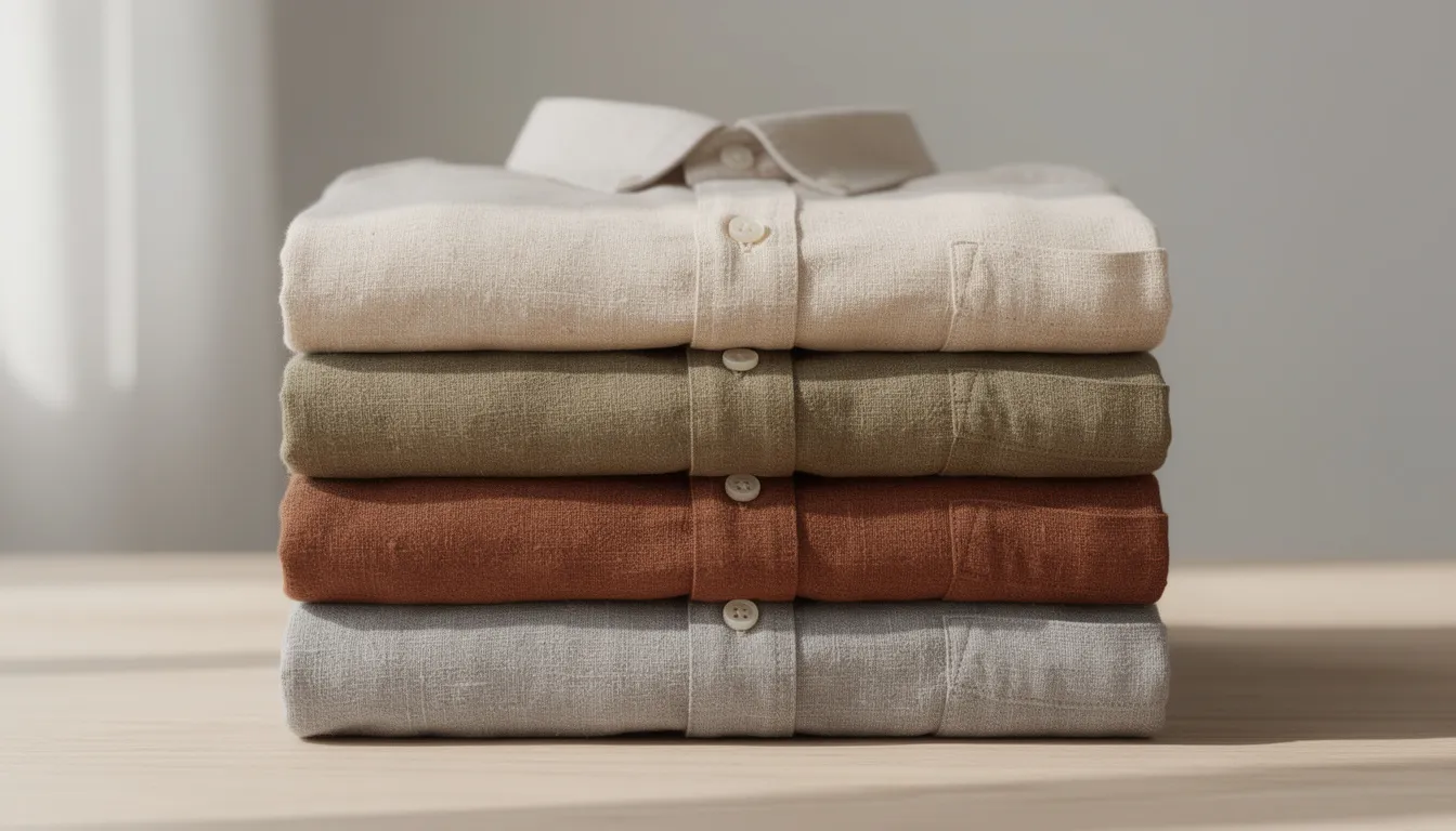 The image features a stack of neatly folded linen shirts in various natural earth tones, showcasing the beauty of natural fibers like cotton and linen, which are gentle on sensitive skin. Unlike synthetic fabrics such as polyester, these natural fabrics promote skin health and comfort, making them ideal for warm weather.