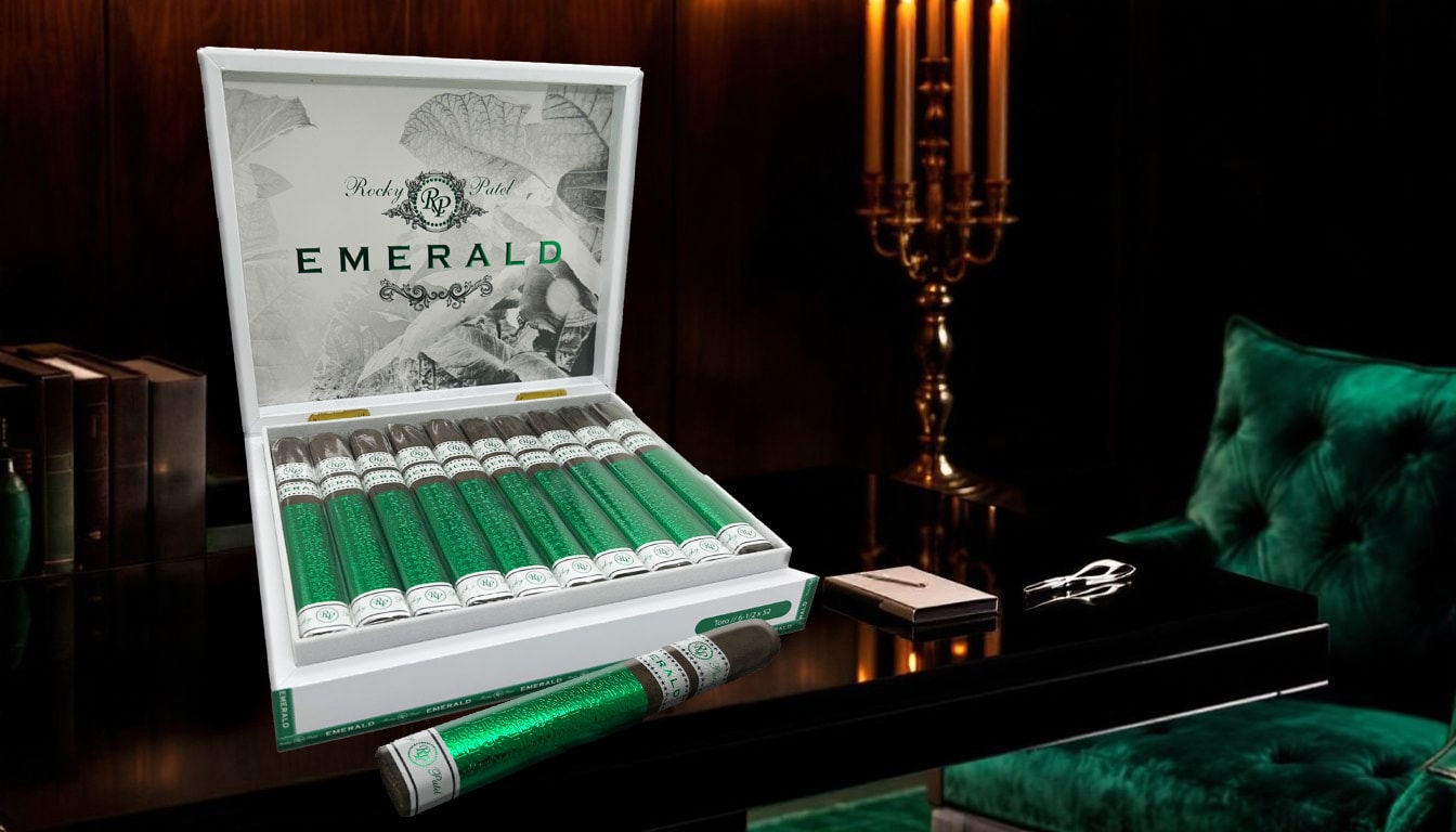 A selection of Rocky Patel Emerald Cigars displayed elegantly.