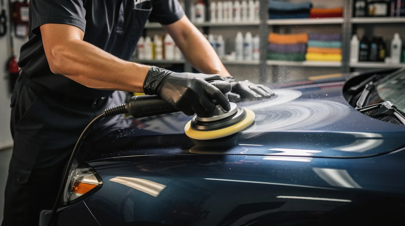 235ccbb9 0080 445f acc4 e2a929206750 A professional is carefully polishing a car's glossy painted surface, showcasing their attention to detail in the automotive business. This meticulous car detailing highlights the importance of high-quality services for vehicle owners and car enthusiasts.