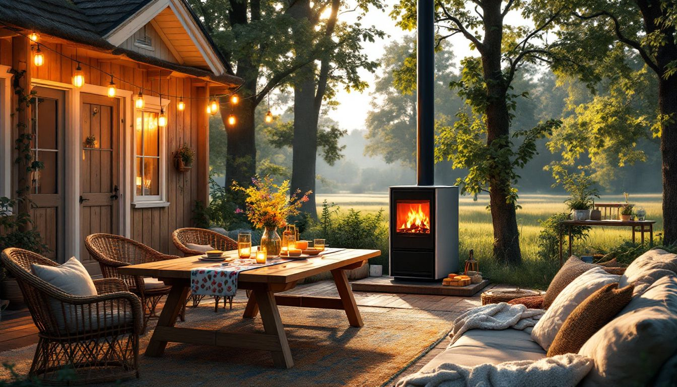 Een buitenruimte met een moderne houtkachel, perfect voor gezellige avonden.