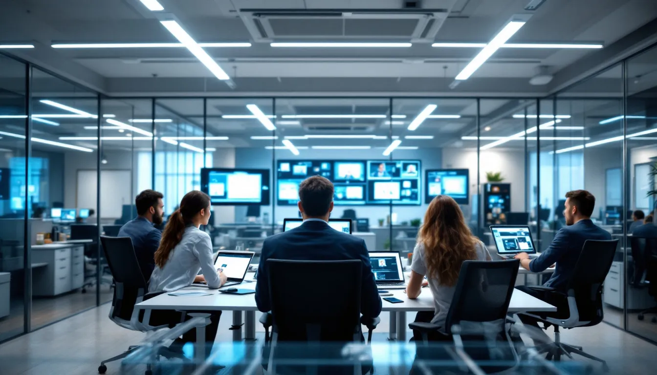 In a modern office, a group of business professionals is intently reviewing video content on their laptops, discussing strategies for effective video marketing and production. They focus on creating engaging animated explainer videos that simplify complex ideas and resonate with their target audience.