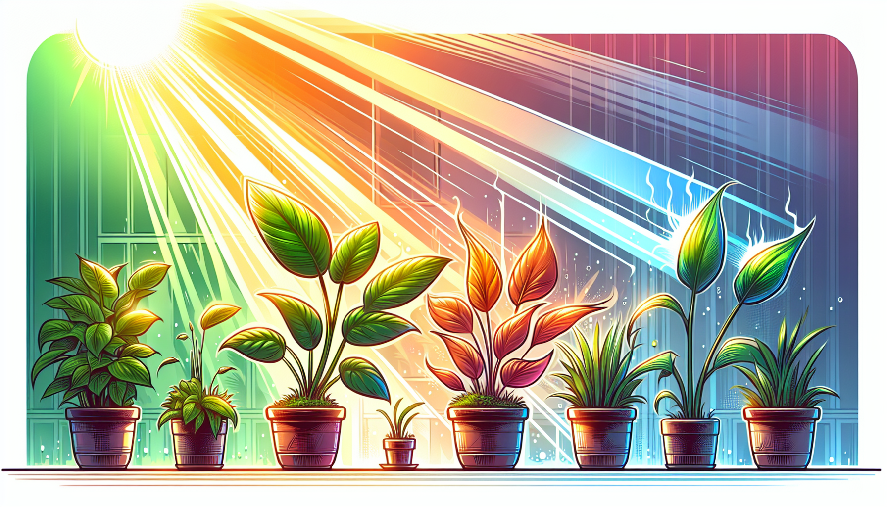 Cartoon illustration of indoor plant leaves under different light conditions