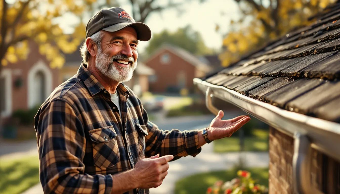 A satisfied customer reviewing the results of a professional gutter cleaning service.