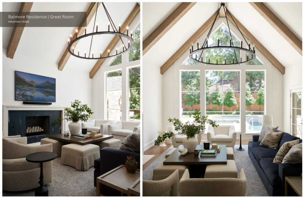 an expansive living room with cathedral ceiling, plush seating, and a circular light fixture