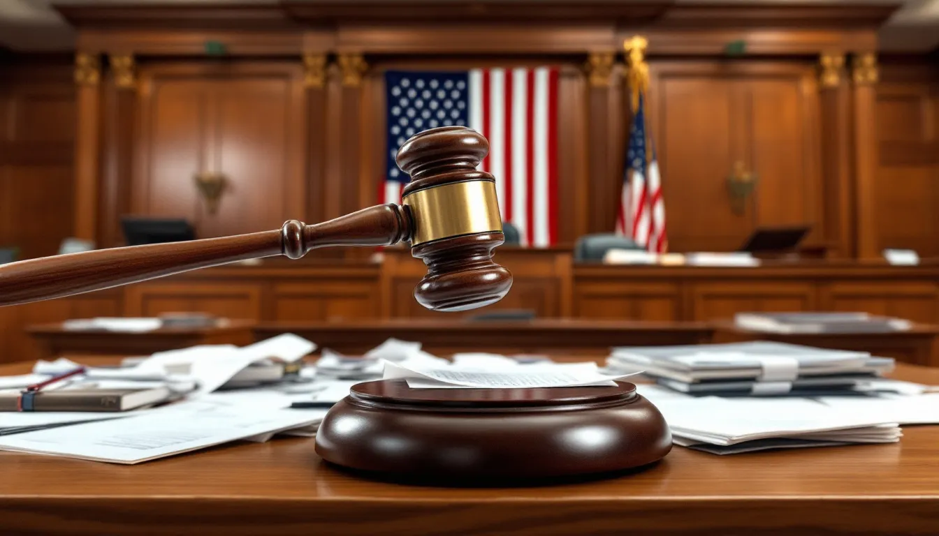 The image depicts a gavel striking down on a judge's podium, surrounded by papers and legal books, symbolizing the serious nature of the court system and the legal proceedings involved in drug trafficking charges. This scene highlights the importance of having a strong defense attorney when facing criminal charges related to controlled substances.