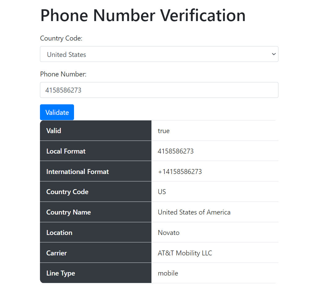result table of the number verification app