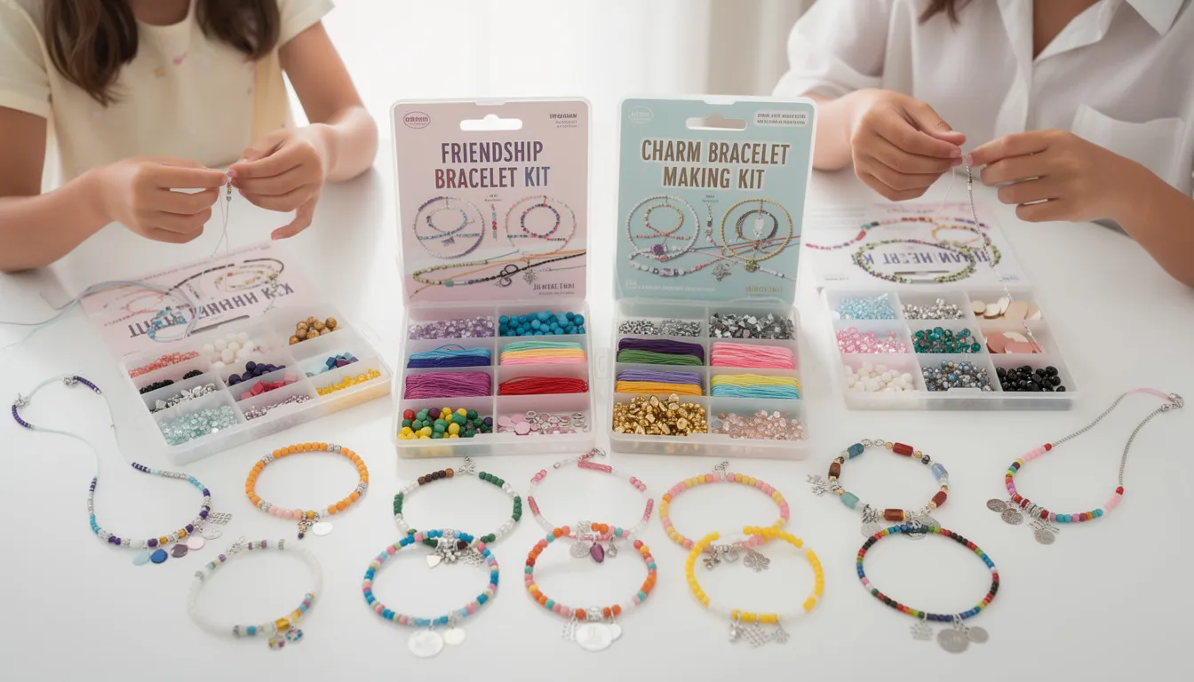 The image features a vibrant assortment of bracelet making kits, including friendship bracelet kits and charm bracelet making kits, filled with colourful beads, gems, and sparkles. These jewellery making kits are designed for all skill levels, allowing users to create their own unique style and express their creativity through custom bracelets and necklaces.