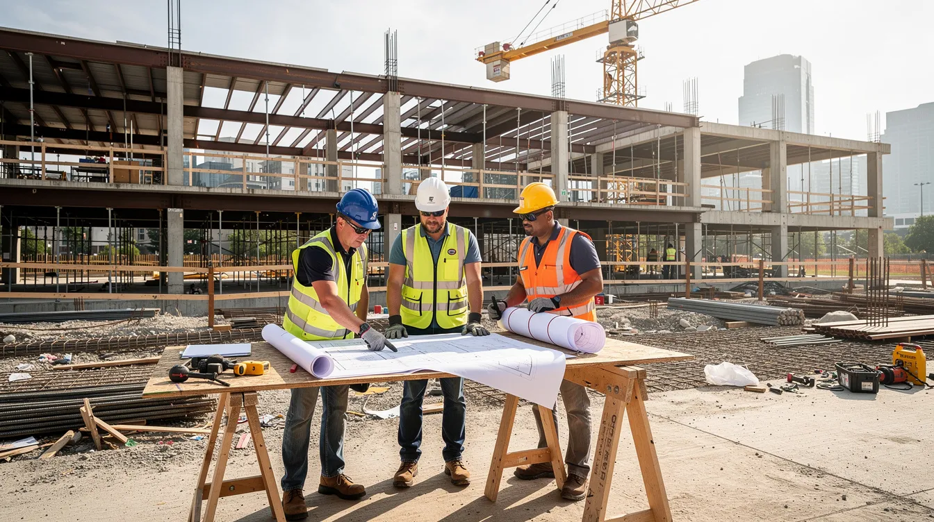 A group of construction workers is gathered around building plans at a partially completed commercial job site, discussing the details of the project. This scene highlights the collaborative effort involved in the construction phases and the importance of reviewing procurement documents to ensure compliance with public bidding procedures.