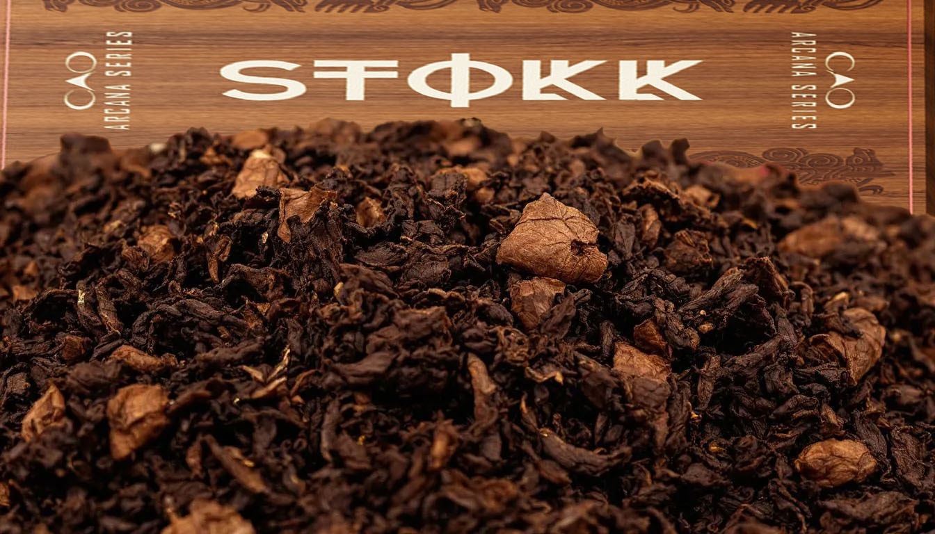 The image showcases a selection of premium cigar tobacco used in CAO Arcana STOKK, featuring Andullo tobacco from the Dominican Republic, rich Latakia from Cyprus, and flavorful tobacco from Honduras.