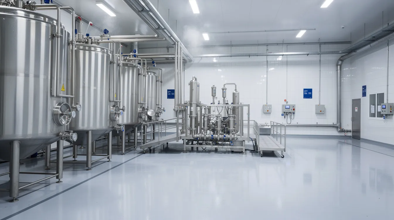 The image depicts the interior of a modern dairy processing facility, showcasing large stainless steel tanks and intricate piping systems essential for milk processing. This advanced setup is crucial for the production of various dairy products, including pasteurized milk and value added dairy items, reflecting the efficiency of the dairy industry.