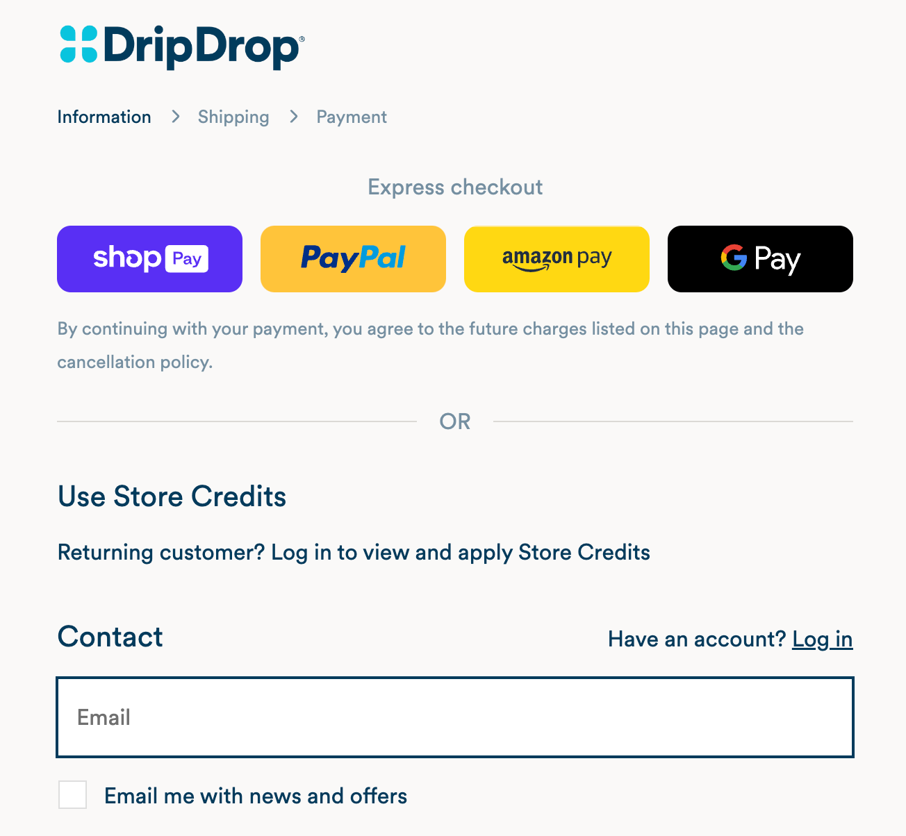  A screenshot of the checkout page on DripDrop, displaying express checkout options like Shop Pay from Shopify.