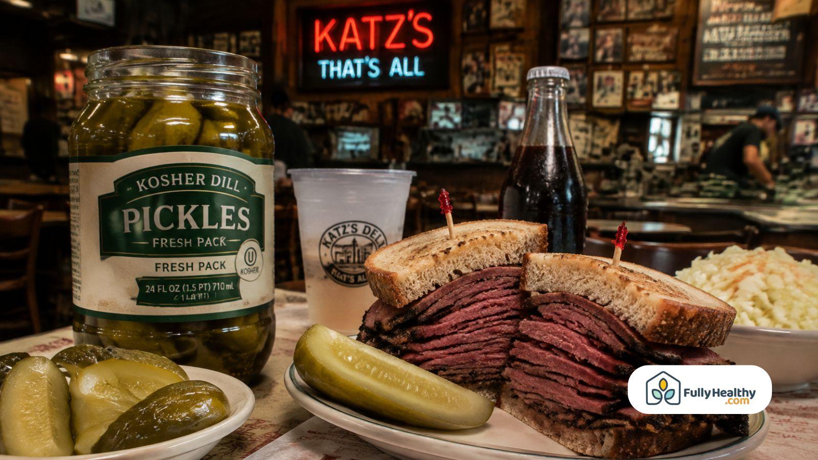 Kosher dill pickles served with pastrami sandwich in deli setting