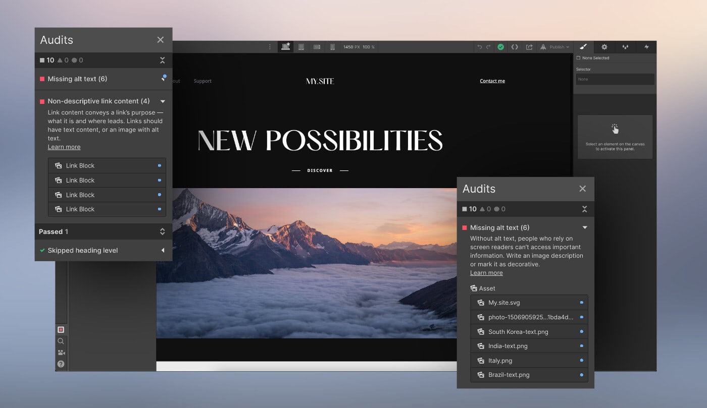 Webflow Designer showing the Audits panel highlighting accessibility issues, including missing alt text and non-descriptive link content, over a website hero section with a mountain landscape image and headline.