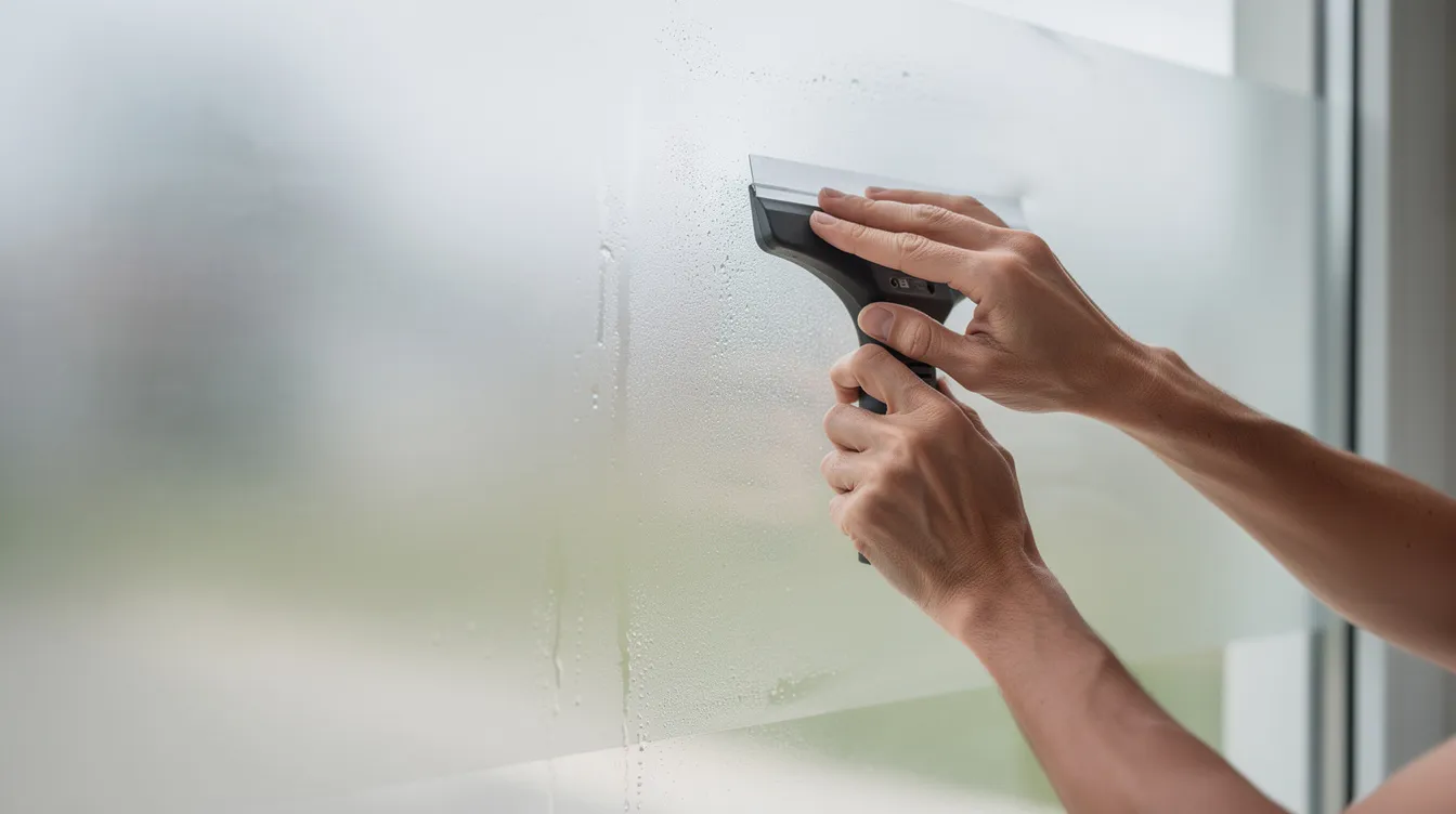 Person using a squeegee to smooth privacy window film onto a residential window.