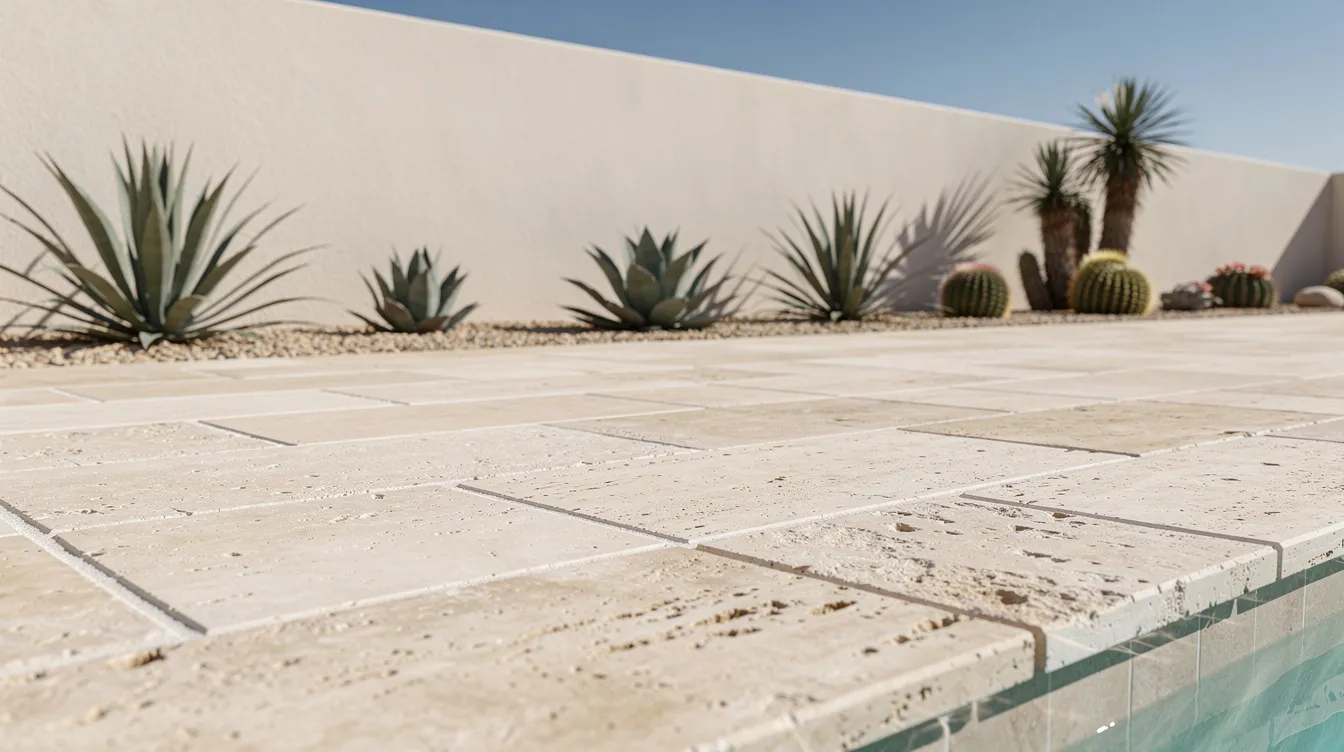 A close-up view of light-colored travertine pavers creates an inviting outdoor space on a pool deck, complemented by desert plants and a textured stucco wall in the background, showcasing elegant landscape design elements for backyard inspiration.