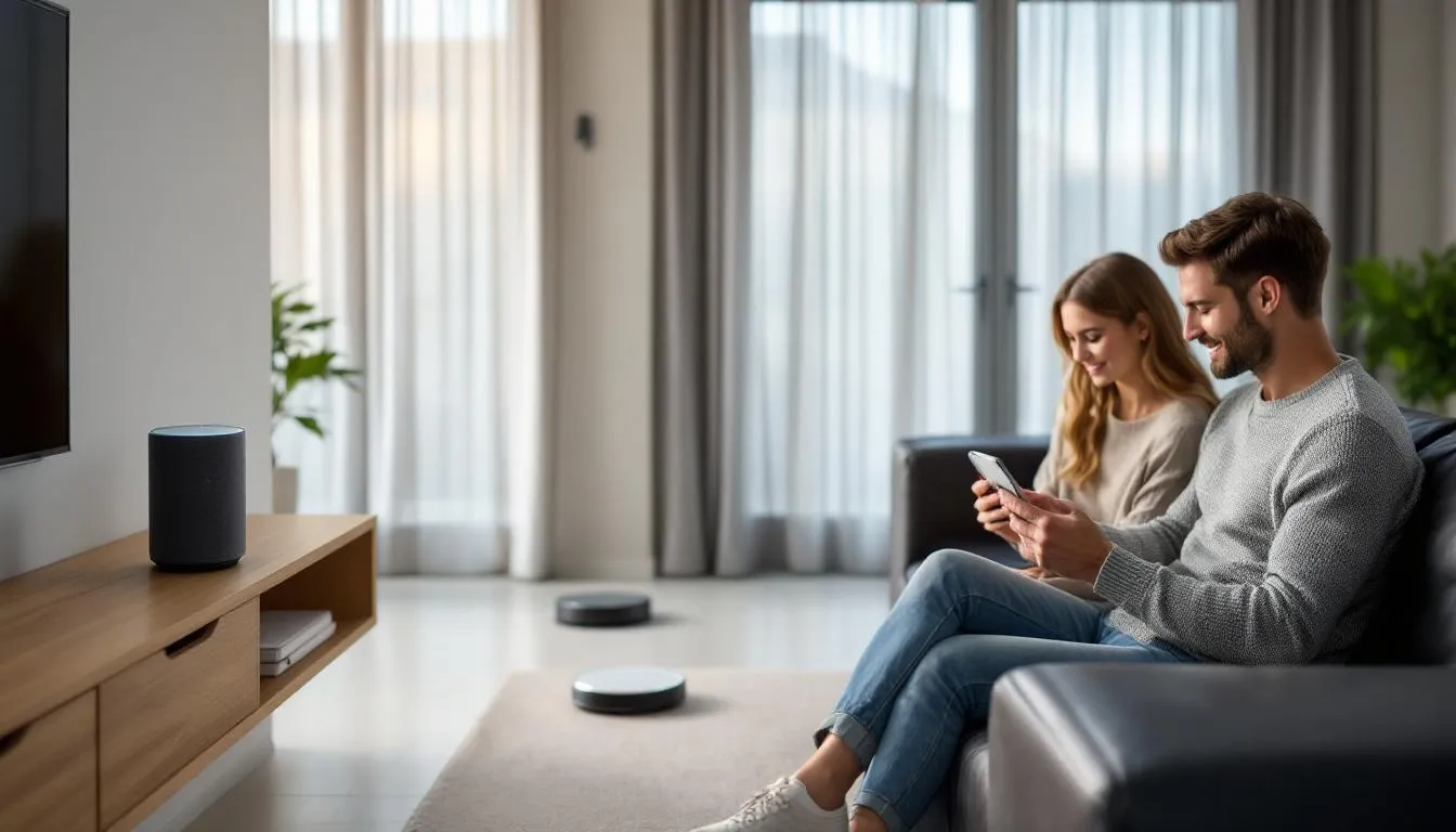 In a modern living room, a couple relaxes together while using their phones on a charging station, with a smart speaker prominently displayed on a shelf and a robot vacuum quietly working in the background. This scene reflects a cozy, tech-savvy home environment, perfect for couples looking for thoughtful wedding gifts that enhance their daily lives.