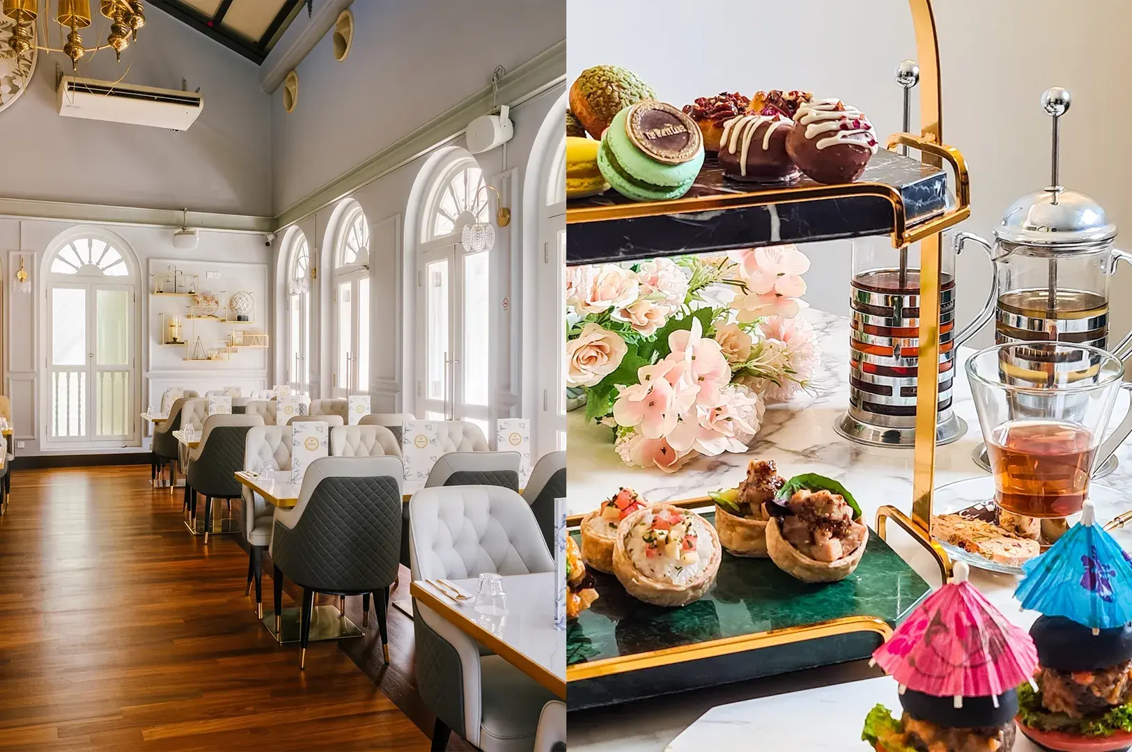 Split-screen image showing an elegant dining room with high ceilings and arched windows on the left, and a multi-tiered high-tea display featuring macarons, pastries, savory bites, and French press coffee on the right.