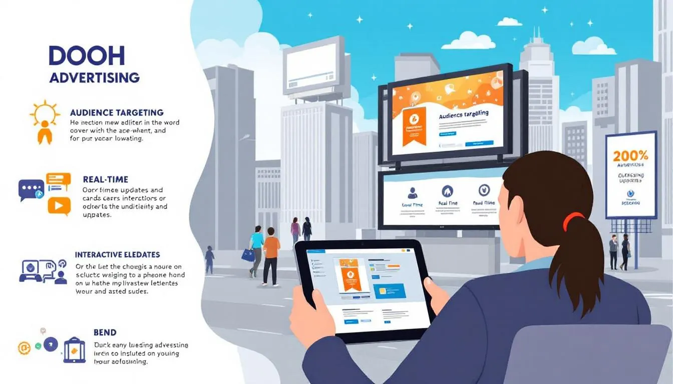 The image depicts a collection of frequently asked questions about digital out of home (DOOH) advertising, highlighting key aspects like digital billboards, programmatic DOOH campaigns, and strategies to engage audiences effectively. It serves as a resource for advertisers looking to understand the benefits and functionalities of digital signage in outdoor advertising.