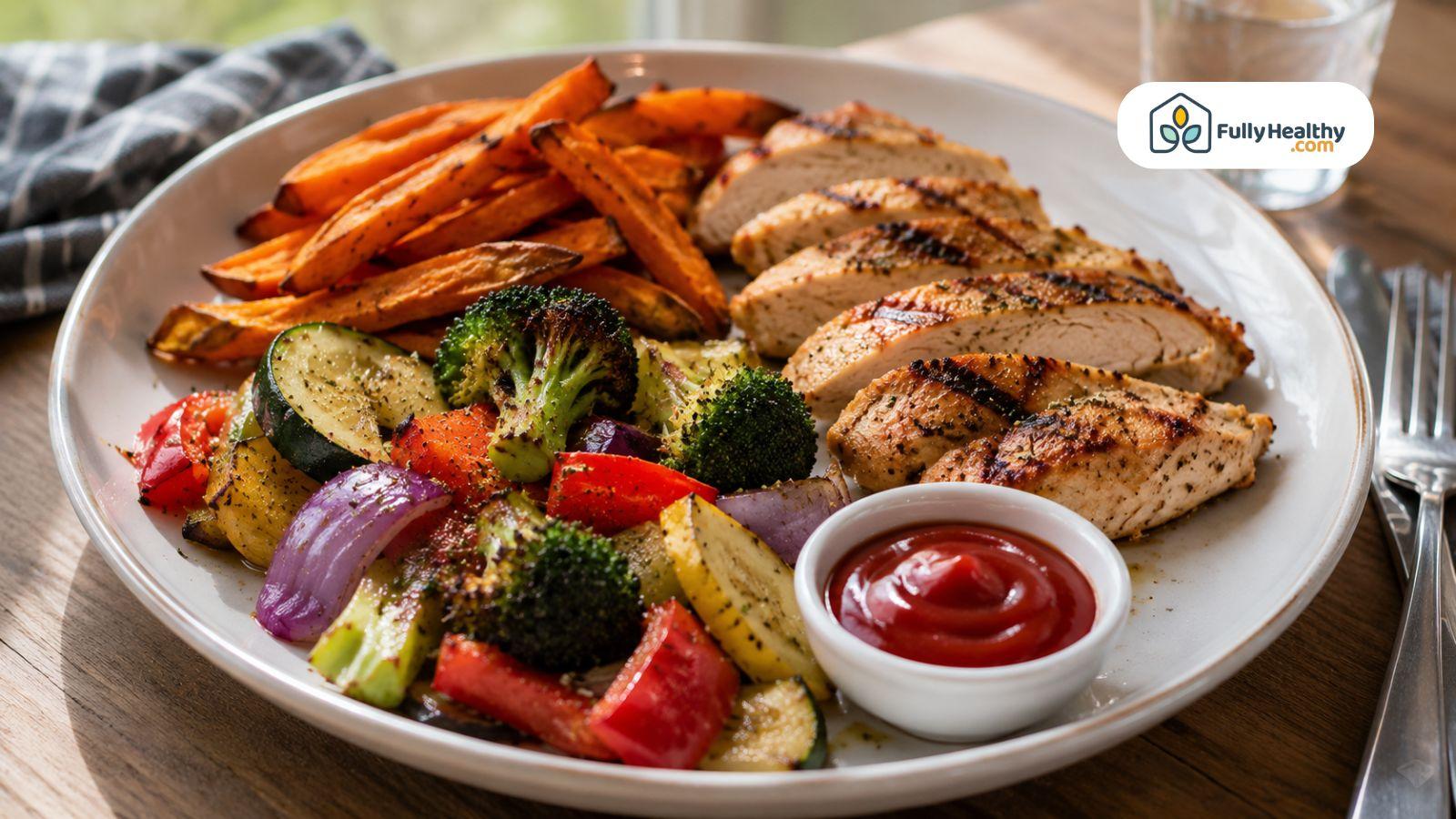 Healthy lunch plate with grilled chicken, roasted vegetables, sweet potato fries, and ketchup served on the side.