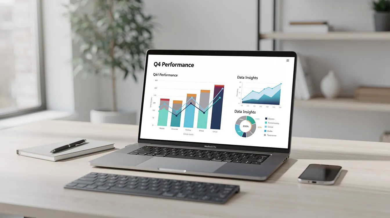 A modern workspace features a sleek laptop displaying a PowerPoint presentation with vibrant data visualizations and an embedded Excel chart, showcasing the integration of Excel data for effective data analysis. The setup emphasizes the seamless link between Excel and PowerPoint, highlighting the dynamic connection for automatically updating data in presentation slides.