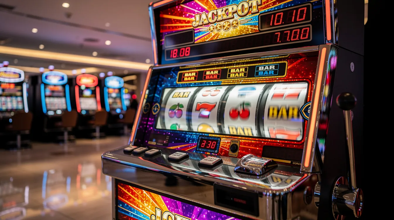 The image depicts a vibrant slot machine adorned with colorful lights and animated spinning reels, set against the backdrop of a modern casino environment. This lively scene captures the excitement of casino games, reminiscent of many non gamstop casinos where players can enjoy a variety of online slots and live dealer games.