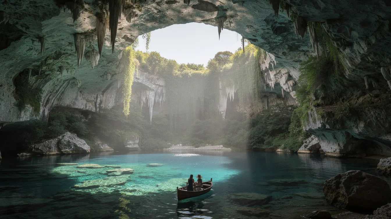 A imagem retrata o Lago Melissani, uma caverna subterrânea localizada na ilha de Kefalonia, nas Ilhas Jônicas, com águas em tons esmeralda que refletem a luz que penetra pela abertura no teto da caverna. Este cenário impressionante é uma das maravilhas naturais da Grécia, oferecendo uma vista deslumbrante para os visitantes que buscam explorar as belezas do Mar Jônico.