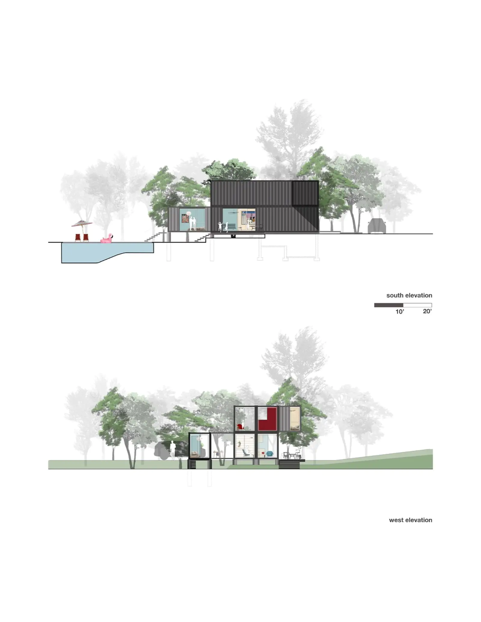 Elevation plans of the shipping containers