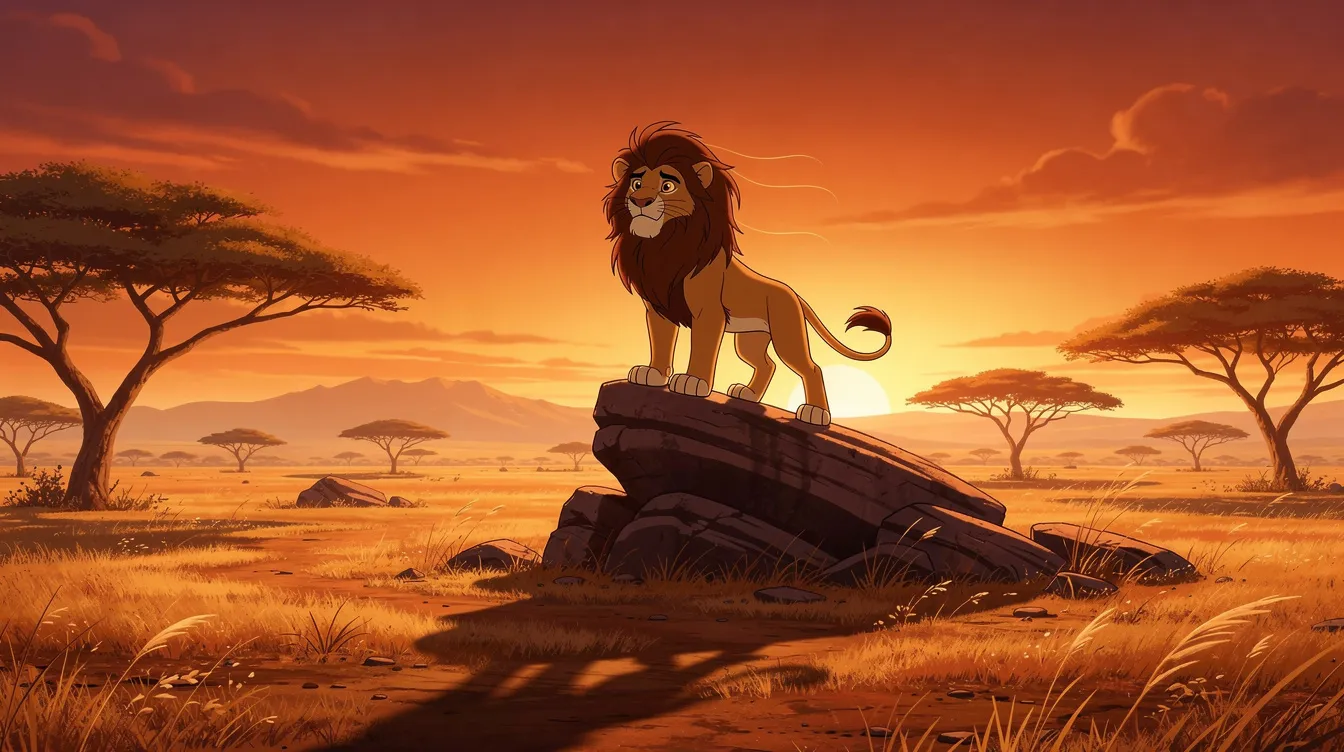 Das Bild zeigt eine animierte Savanne mit einem jungen Löwen, der majestätisch auf einem Felsen sitzt und den Sonnenuntergang in warmen Orangetönen betrachtet. Die epische Landschaft erinnert an die besten Filme der 90er, in denen oft die Schönheit der Natur und die Abenteuer von tierischen Protagonisten thematisiert werden.