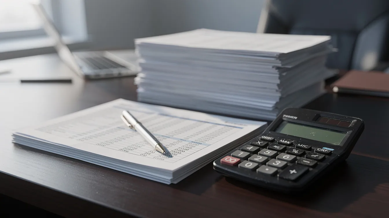 237c86d4 0295 4d9e 890b 760e3da98e0a The image features a professional office desk cluttered with stacks of financial documents, a calculator, and various notes, highlighting the financial aspects of dairy processing and milk production. This setup reflects the analysis of operating costs, profit and loss accounts, and financial projections relevant to the dairy industry.