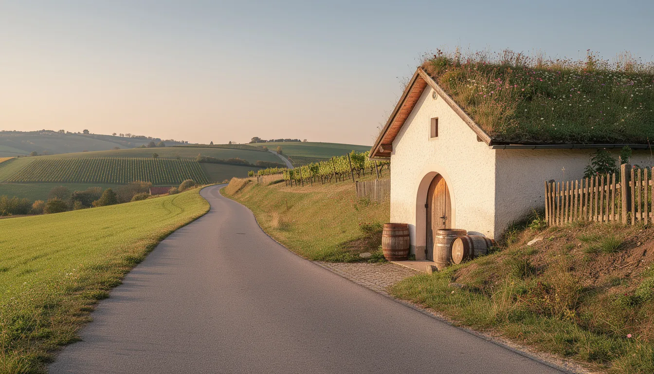 Eine ländliche Straße im Burgenland führt entlang eines traditionellen Weinkellers, umgeben von sanften Hügeln und Weinreben. Diese malerische Szenerie spiegelt die ländliche Idylle der Region wider, ideal für einen Umzug oder eine Übersiedlung in diese charmante Gegend.