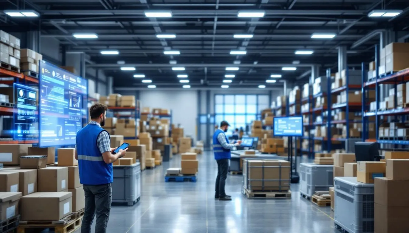 The image depicts a modern manufacturing floor equipped with IoT devices and smart sensors, enabling real-time data visibility for asset tracking and utilization. This setup enhances operational efficiency and predictive maintenance, allowing manufacturing companies to optimize their production processes and improve employee productivity.