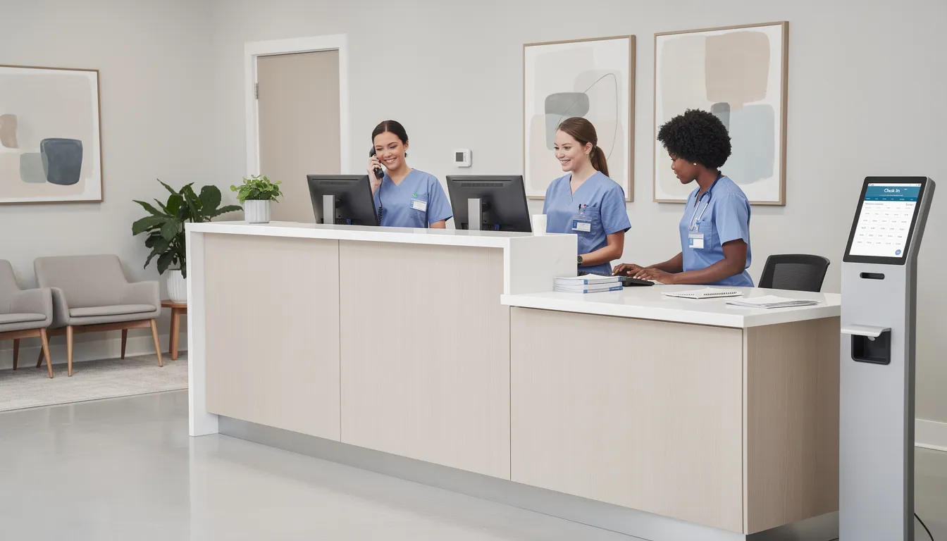 The image depicts a modern medical office reception area, where staff members are engaged in various administrative tasks to ensure efficient patient care. The professional environment reflects the organization’s focus on regulatory compliance and management services, vital for supporting healthcare practices and achieving business goals.